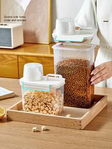 1 pieza Recipiente hermético para almacenamiento de alimentos, adecuado para comida de mascotas, granos y arena para gatos, gran capacidad, con tapa con taza medidora y asa, múltiples tamaños disponibles - a - Ver 7