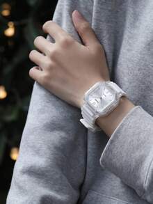 1 件女士简约方形石英表，带硅胶表带，休闲实惠时尚手表适合日常佩戴 - 白色 - 查看 5