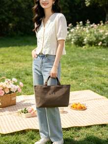 Tas Tote Kanvas Minimalis Kasual dengan Motif Huruf, Tas Tangan Warna Polos, Gaya Serbaguna dengan Kualitas dan Harga Terjangkau, Cocok untuk Ibu dengan Anak, Pelajar, dan Profesional Kantoran - Dark Grey - View 8