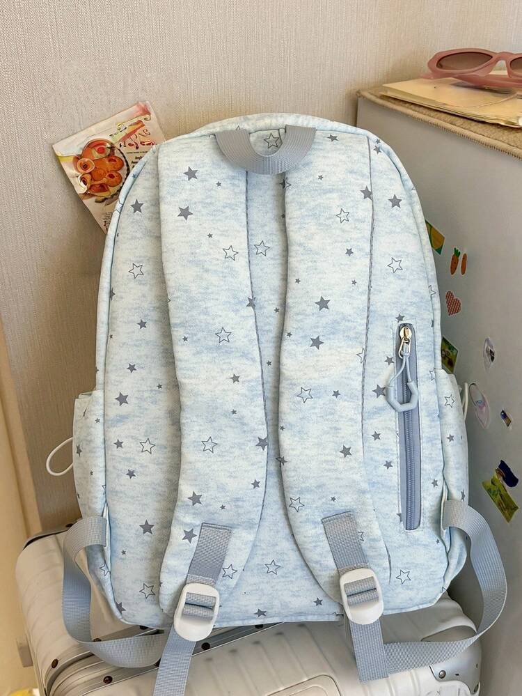 新款星星圖案日韓風百搭時尚極簡休閒旅行後背包，大容量多功能情侶後背包（不含吊飾） - 彩色 - 查看 4