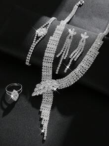 Juego de joyería para mujer con collar, pendientes, pulsera y anillo, patrón geométrico, elegante, set de 4 piezas, temporada de bodas - Plateado - Ver 3