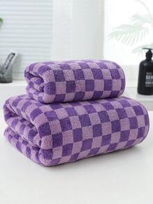 1pc 34cm*74cm/Bath Towel 70cm*140cm/2pcs (34cm*74cm+70cm*140cm) Coral Fleece Checkerboard Pattern Thickened Super Absorbent Non-Shedding Soft Skin-Friendly Hanging Outdoor Fitness Home Face Body Bath Wrap Ideal Bathroom Towel - Purple - View 1