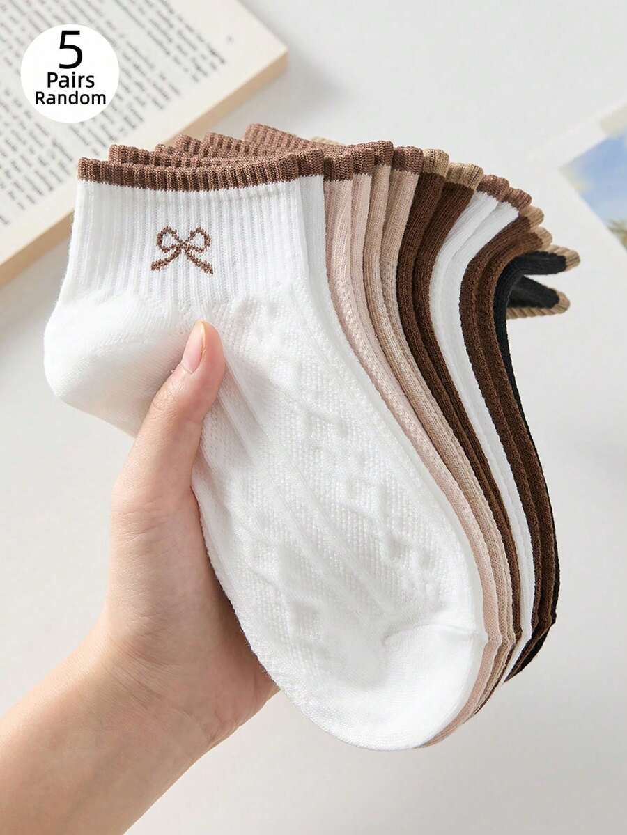 5雙女款蝴蝶結中筒襪,舒適百搭,適合運動與休閒穿著,防滑透氣 - 彩色 - 查看 1