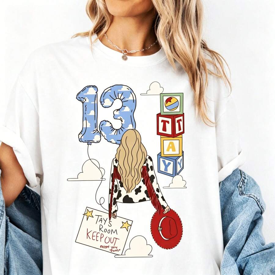 Disney Toy Story & Taylor Themed Cotton T-Shirt, Unique Graphic Casual Tee For Men And Women - 白色 - 查看 1