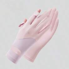 UPF50+ UV Protection Ice Silk Driving Gloves, Two-Finger Exposed Touchscreen Design, Breathable Anti-Slip Cooling Gloves With Adjustable Wrist Strap, Solid Spliced Pastel Style For Women Driving Cycling E-Bike Summer Outdoor Use - A - View 13
