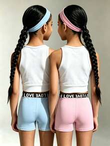 3 piezas/Set Pantalones cortos para niñas, pantalones cortos con estampado de letras en la cintura, casual, para exteriores, fitness, yoga, tela de alta elasticidad, suave y cómodo - Multicolor - Ver 7