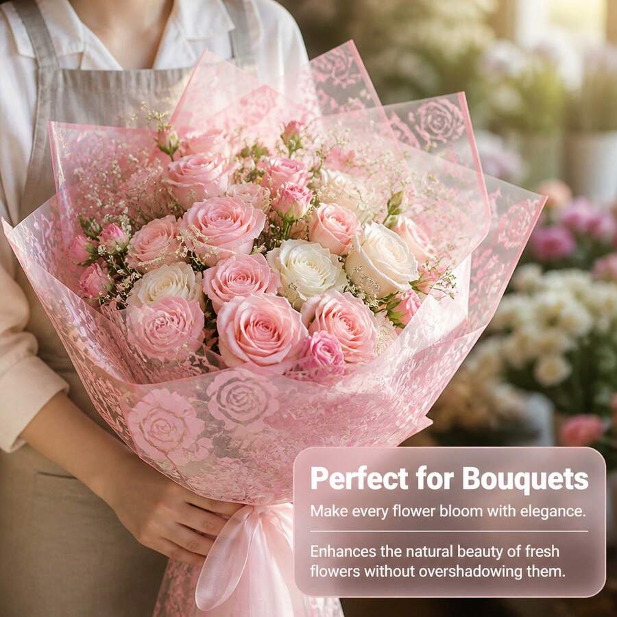 Large Size Pink Rose Cellophane Wrap Roll (40cm X 5m), Tangle-Free Floral Wrapping Film, Easy-To-Cut Clear Plastic Wrap For Flower Bouquets, Gift Baskets & Crafts - View 1