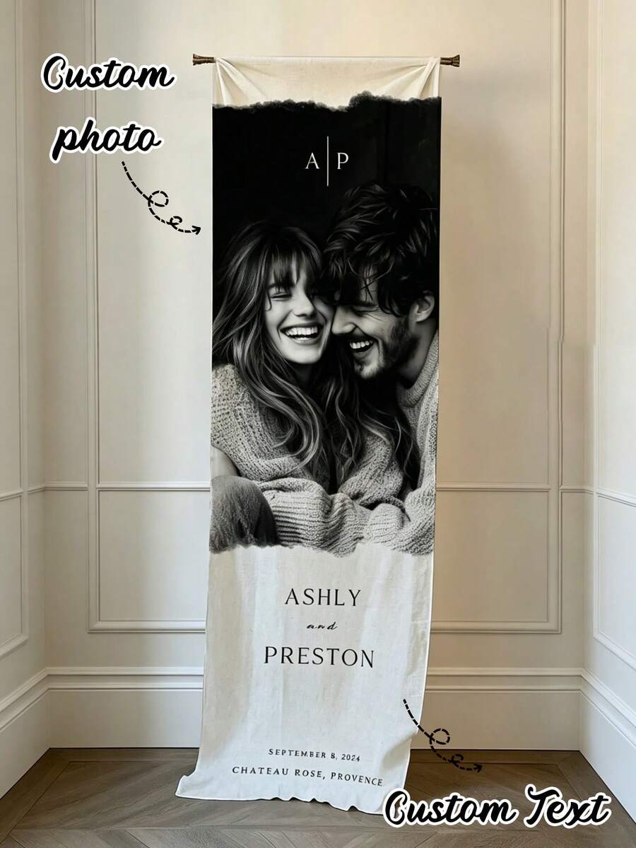 Custom Photo Satin Wedding Welcome Banner, Personalized Wedding Text Date Location Wall Hanging, Photo Booth And Reception Door Decor, Suitable For Modern White Style