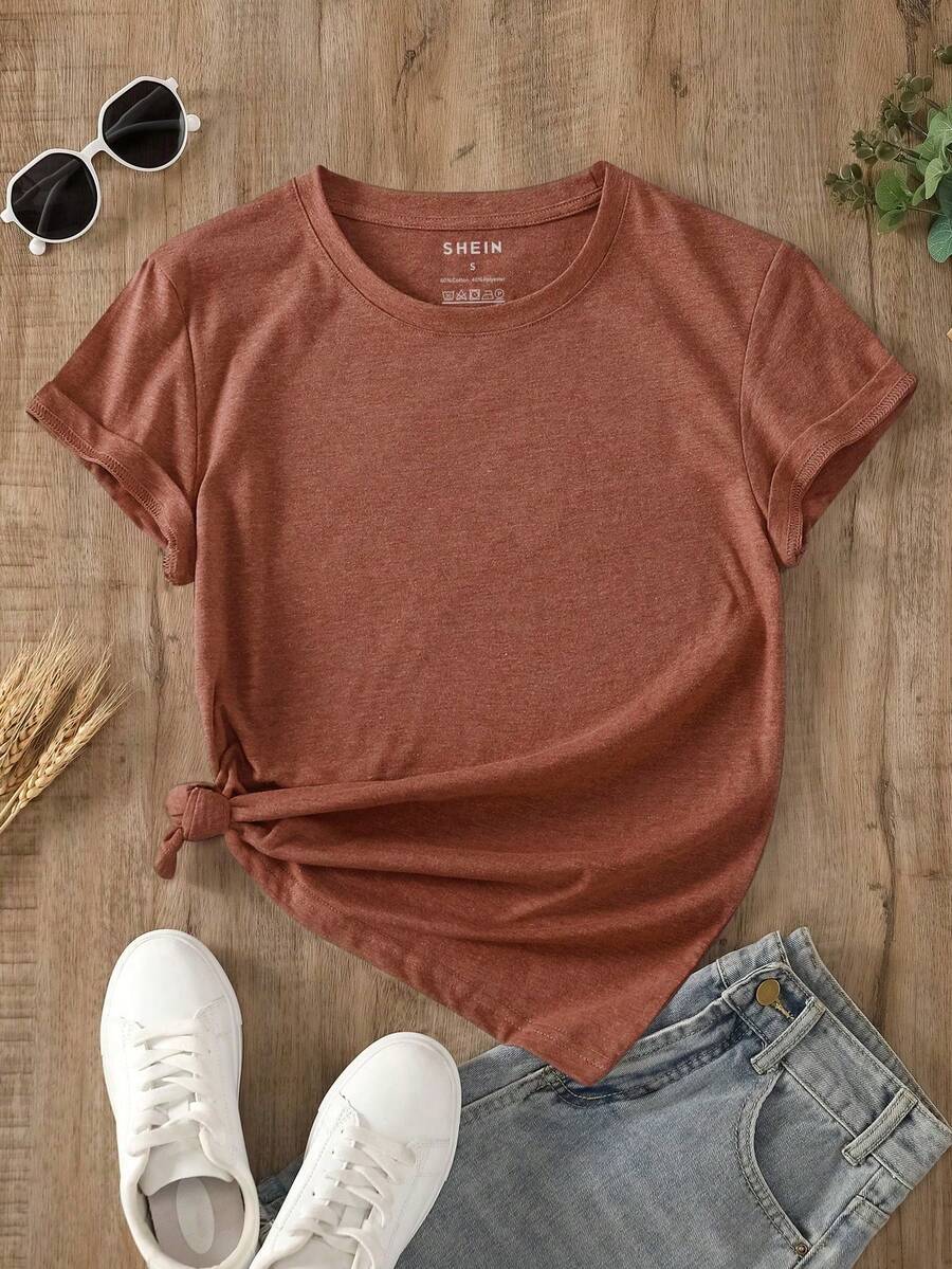 SuriyaCove Women's Solid Color Round Neck Short Sleeve T-Shirt - 棕色 - 查看 1
