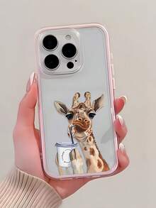 1pc Pink Frame Transparent Minimalist Lens Protection Anti-Drop Anti-Collision Coffee Drinking Giraffe Pattern Phone Case Personalized Suitable For IPhone 16 Pro Max/17/16/15/14 Plus/13/12/11 Protective Case Air Suitable For Samsung Series - Multicolor - View 3