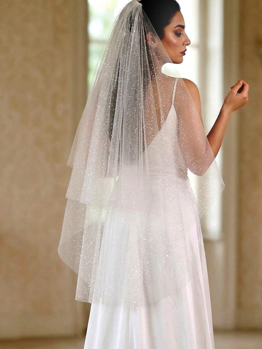 1pc Beige Double Layer Gold Foil Glitter Waist-Hip Length Bridal Veil With Metal Hair Comb, Women's Wedding, Marriage Registration, Photography, Wedding Dress