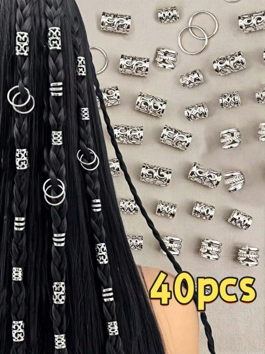 40 Pcs/Set Mixed Shape Dreadlock Hair Rings, Suitable For Braiding Hairstyles, All-Season Adjustable Hair Ties - Silver - View 1