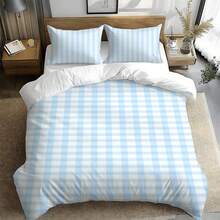 Set Perlengkapan Tidur 3 Potong Bergaris Biru & Putih, Set Sarung Selimut & Sarung Bantal Ultra Lembut, Ramah Kulit, dan Bernapas, Cocok untuk Semua Musim, Dekorasi Kamar Tidur Asrama Mahasiswa dan Rumah - Baby Blue - View 2