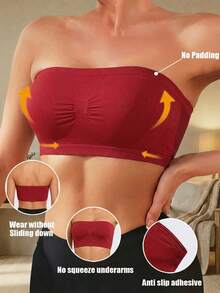1pc Burgundy Women's Strapless Bandeau Bra, Seamless Elastic Bustier, Front Ruched Gathering Support, Breathable Mesh Back Moisture-Wicking, Wire-Free No Padding Anti-Slip, Skin-Friendly No Underarm Pinching, Suitable For Summer Outerwear, Daily Layering, Home Leisure, Travel Outfits - Burgundy - View 10