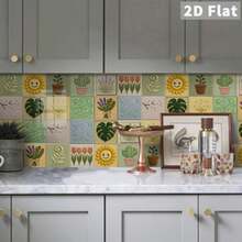 Holiday Gift, 2D Flat Tile Stickers | Waterproof Wall Art Pastel Flowers Cactus Sun And Shell Plant Patterns, Perfect For Home Bathroom Dorm Decor, Glossy, Beautiful Stickers - Flower Cactus Tile Stickers - View 5