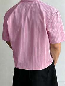 WAIT HIM Men's Summer Lightweight Breathable Casual Short Loose Striped Short Sleeve Shirt, Spring To Summer, Suitable For Daily Lightweight Wear, Suitable For Spring/Summer Wear Or Seasonal Matching - Watermelon Pink - View 2