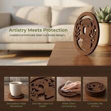 4pcs/Set Rustic Koala Themed Wooden Coasters, Double-Sided Heat-Resistant Non-Slip Surface. Suitable For Coffee Cups, Tea Cups, Wine Glasses, Perfect For Home Dining Room, Office Desk, Bar, Cafe, Great Housewarming Gift And Kitchen Decor. - Multicolor - View 5