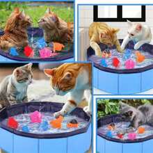 1 Peça Piscina Dobrável para Gatos com 6 Brinquedos de Piscina com Tema Oceânico que Apitam, Material de Silicone Macio, Essencial para Resfriamento de Gatos no Verão, Uso Interno/Externo, Sem Bateria Necessária, Piscina de Brinquedo Interativa em Formato de Peixe para Gatos - Multicolorido - Visão 9