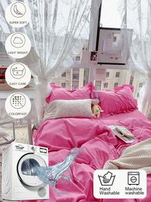 Set Sprei Lembut Ramah Kulit 3pcs Warna Merah Mawar Krem Gaya Feminin dengan Pinggiran Bergelombang, 3 Buah (1*Sprei + 2*Sarung Bantal), Cocok Untuk Kamar Tidur, Kamar Tamu, Semua Musim, Dapat Dicuci dengan Mesin - Rose Red - View 2