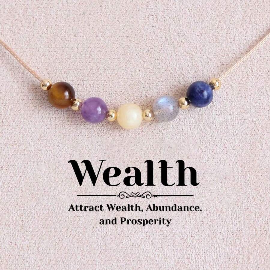Natural Wealth 多寶石水晶鎖骨項鍊，含虎眼石、紫水晶、蘇打石與拉長石，小眾優雅通勤風，天然碎石弧形吊墜，象徵好運順遂，女性日常送禮首選。[天然原石顏色與形狀可能有所不同] - 彩色 - 查看 1