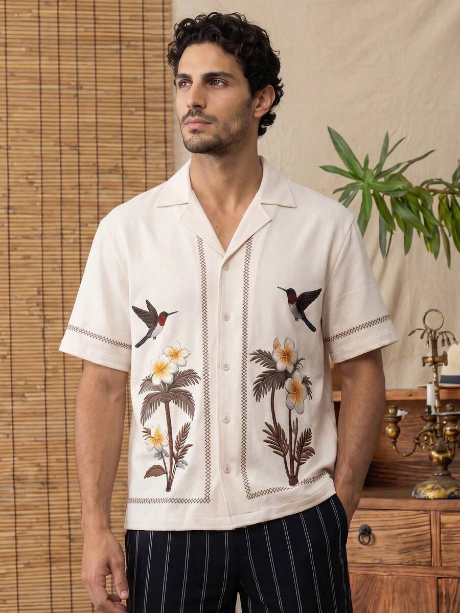 glestore Men's Vintage "Old Money Style" Vacation Polyester Printed Short Sleeve Shirt: A Luxurious "Old Money Style" Piece Suitable For Various Occasions - Multicolor - View 1