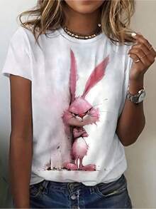 Fun Design With Cartoon Rabbit Print, Casual And Elegant Style, Fashionable Women's Top, Comfortable Round Neck T-Shirt For Women, A Great Gift Choice. - Apricot - View 1