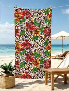 1pc Leopard Print Beach Towel, Fashion Leopard Floral Beach Towel, Microfiber Absorbent, Quick-Drying Beach Towel, Large Sand-Proof Beach Mat, Suitable For Vacation, Camping, Swimming, Bathroom, Summer Vacation Essential, Holiday Party Essential, Multi-Functional Beach Swimming Accessory - Coffee Brown - View 1