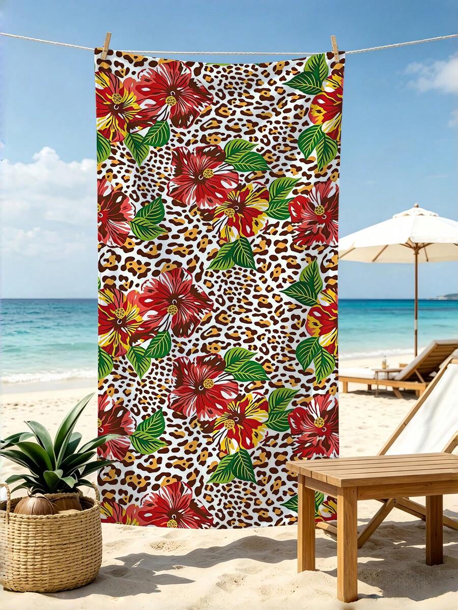 1pc Leopard Print Beach Towel, Fashion Leopard Floral Beach Towel, Microfiber Absorbent, Quick-Drying Beach Towel, Large Sand-Proof Beach Mat, Suitable For Vacation, Camping, Swimming, Bathroom, Summer Vacation Essential, Holiday Party Essential, Multi-Functional Beach Swimming Accessory - Coffee Brown - View 1