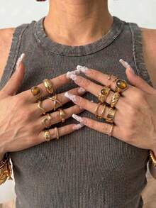 15pcs/Set Vintage Chunky Gold Stacking Ring Set Bohemian Faux Brown Stone Geometric Knuckle Rings Y2K Joint Jewelry - Gold - View 1