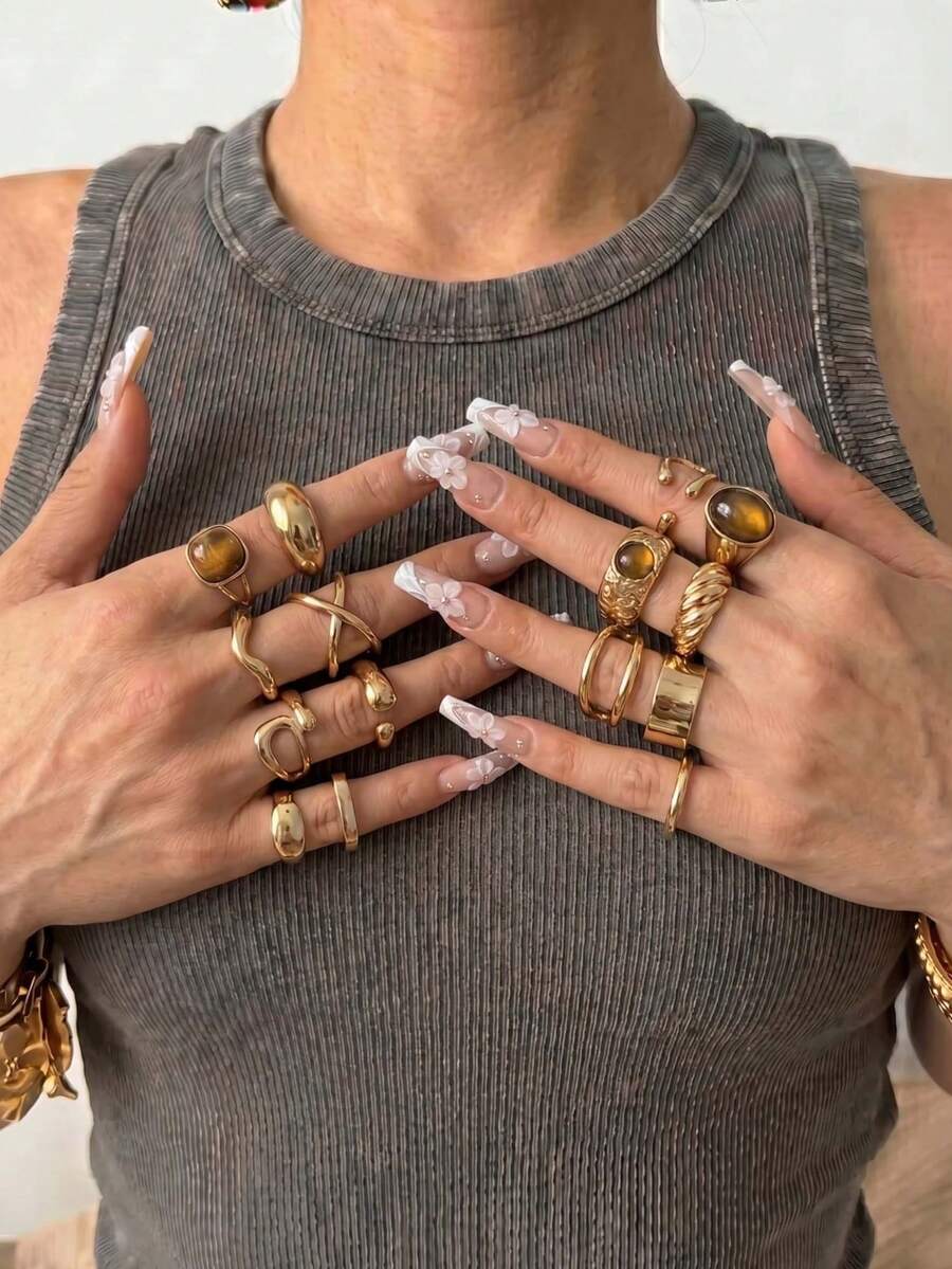 15pcs/Set Vintage Chunky Gold Stacking Ring Set Bohemian Faux Brown Stone Geometric Knuckle Rings Y2K Joint Jewelry - Gold - View 1