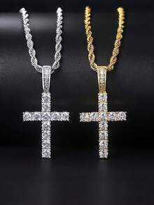 Men's Stainless Steel Cross Necklace With Vintage Twisted Rope Chain, Rhinestone Accents, Eye-Catching Hip-Hop Rock Style, And Versatile - Gold - View 3