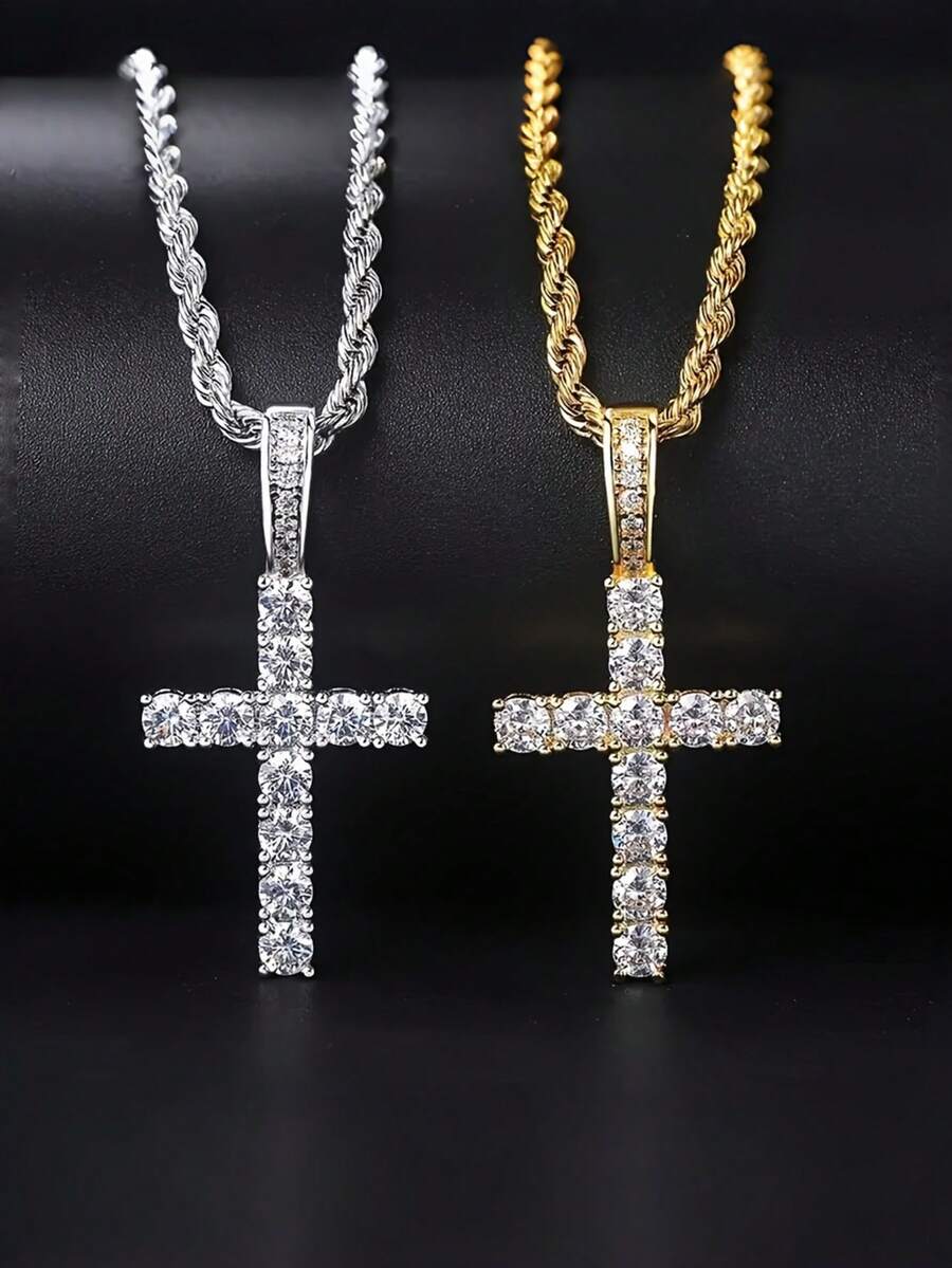 Men's Stainless Steel Cross Necklace With Vintage Twisted Rope Chain, Rhinestone Accents, Eye-Catching Hip-Hop Rock Style, And Versatile