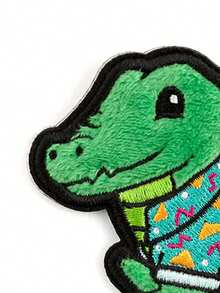 1pc Fuzzy Crocodile Iron-On Patch, Cute Alligator With Retro Shirt Embroidered Patch - Multicolor - View 6