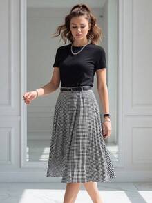 Elegant Houndstooth Patterned Mid-Length Pleated Skirt with Belt for Women - 黑色 - 查看 4