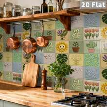 Holiday Gift, 2D Flat Tile Stickers | Waterproof Wall Art Pastel Flowers Cactus Sun And Shell Plant Patterns, Perfect For Home Bathroom Dorm Decor, Glossy, Beautiful Stickers - Flower Cactus Tile Stickers - View 9