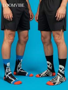 2 Pares de Meias Unissex de Cano Médio com Estampa de Esqueleto Completo em Contraste de Cores para Halloween, Absorventes de Suor, Anti-Odor, Antiderrapantes, Resistentes ao Desgaste, Base Preta com Contraste de Azul e Laranja, Estilo Casual de Subcultura Sombria, Adequadas para Fantasias de Halloween, Estilo de Subcultura de Rua, Presente Divertido com Tema de Terror - Multicolorido - Visão 6