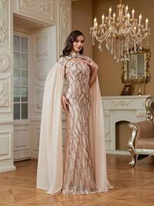 Đầm dạ hội đuôi cá cúp ngực đính sequin phong cách sang trọng nhẹ nhàng, kèm áo choàng voan chiffon tháo rời, váy dạ tiệc trang trọng cho nữ MC hội nghị thường niên - Rượu sâm banh - Xem 3