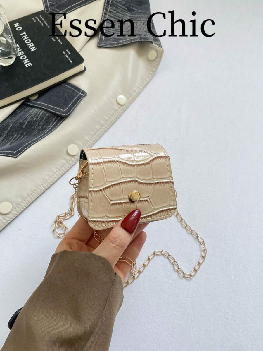 1 pieza Monedero bandolera cuadrado mini de mujer en color caqui, nuevo de verano, con decoración de remaches metálicos, estampado de cocodrilo vintage, unicolor, de PU - Caqui - Ver 1