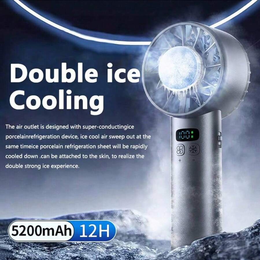 Ventilador de mano con enfriamiento de hielo de alta velocidad, 100 velocidades, viento fuerte, USB, para exteriores, batería de larga duración de 5200mAh - Más - Ver 1