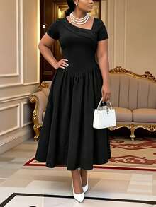 Women's Elegant Asymmetric Collar Fold Decor Short Sleeve Waist Flared A-Line Dress, Suitable For Dates, Work, And Commuting - Black - View 7