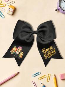 1pc Back To School Cartoon Pencil Print Large Bow Hair Clip, Preppy Ribbon Hairpin, Sweet Student Hair Accessory For Young Girls - Three Girls - View 18