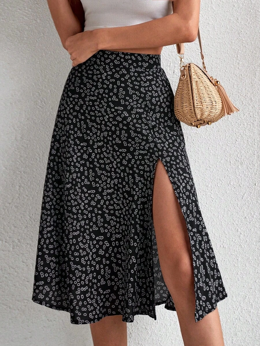 Falda de muslo con abertura con estampado floral - Negro - Ver 1