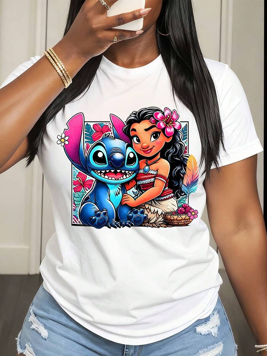Disney Lilo And Stitch Character Print T Shirt Women Casual Summer Fashion Streetwear Style - 白色 - 查看 1