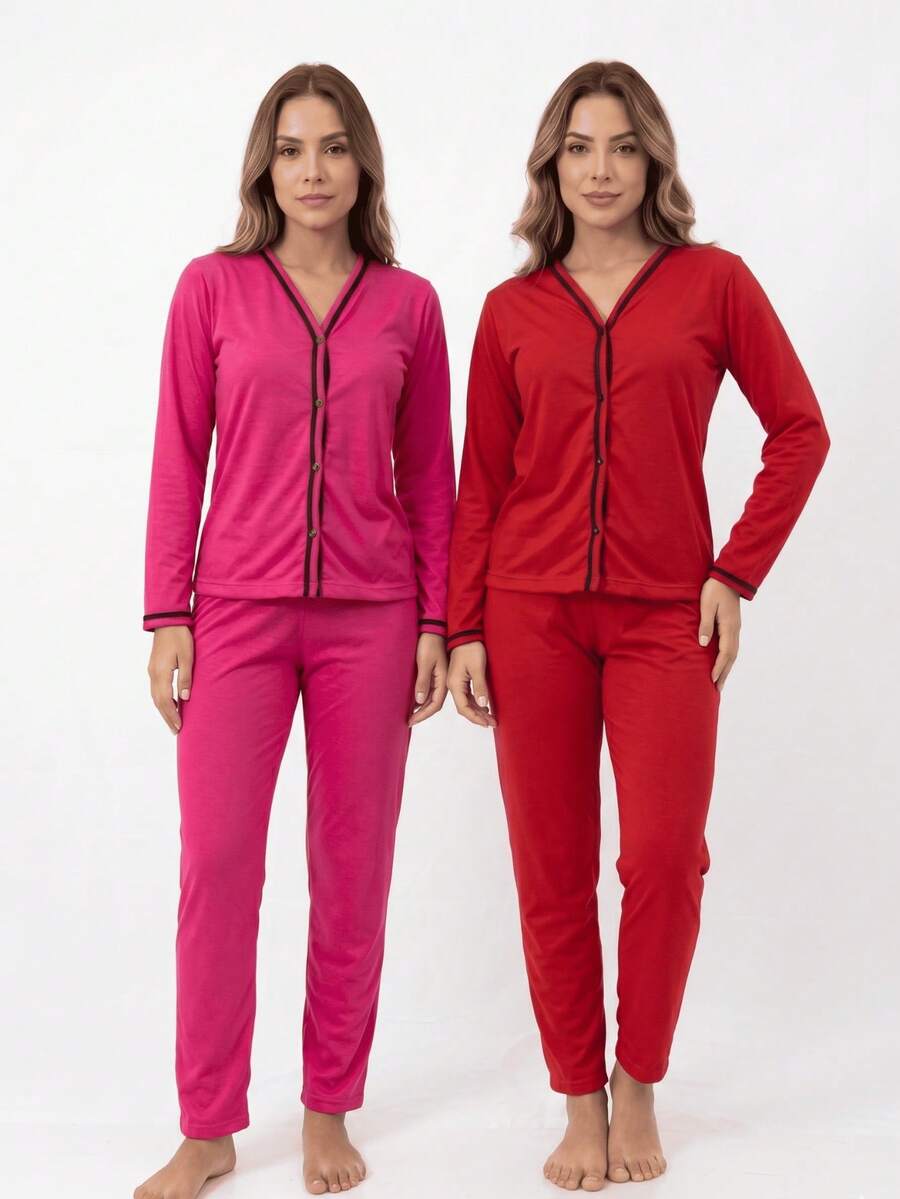 Conjunto de pijama feminino com blusa de manga comprida com decote em V e botões frontais e calça reta. - Rosa chiclete - Visão 1
