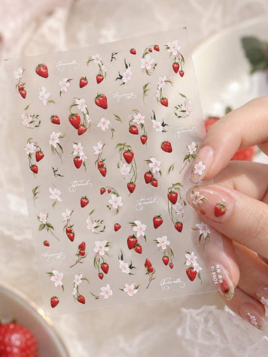 1片 5D 浮雕貼紙,歐美春季風格草莓、花朵、蝴蝶結美甲貼紙 - 彩色 - 查看 1