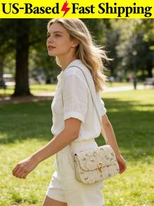 Boho Floral Embroidery Straw Beach Bag Mini Woven Buckle Decor Flap Saddle Bag Shoulder Crossbody Bag Summer Vacation White Purse Travel Essential - 彩色 - 查看 2
