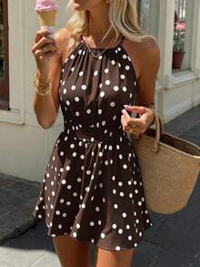 Women's Casual Cute Polka Dot Sleeveless Mini Dress - Fashionable Collar, Slim Waist Vacation Elegant Summer - Brown - View 3