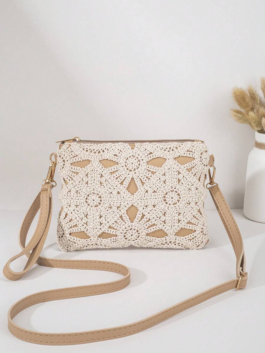 Elegant Lace Crossbody Bag With Minimalist Nude Shoulder Strap, Beach Vacation Style, Suitable For Spring And Summer, Easily Matches Various Dresses Or Casual Outfits, Adjustable Shoulder Strap, Zipper Closure With Handle - Apricot - View 1