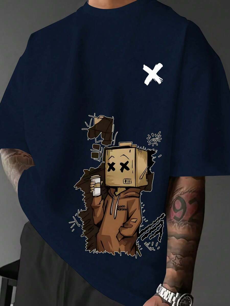 Manfinity Dauomo Men's Short Sleeve T-Shirt With Round Neck And Cartoon Print, For Summer. - 藏蓝色 - 查看 1