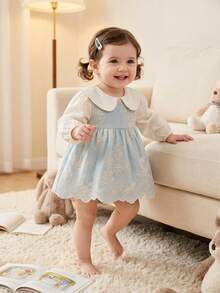 Baby Spring/Autumn New Solid Color Long Sleeve Bodysuit, Light Blue Lace Embroidered Peter Pan Collar 2-Piece Set, Baby Girl Crawler - Blue - View 3